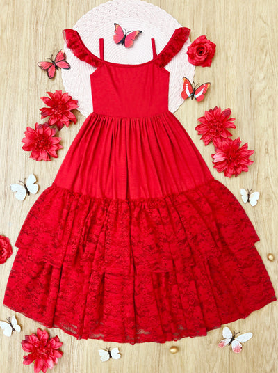 Toddler Cute Spring Dresses | Girls Ruby Red Lace Ruffle Nixi Dress