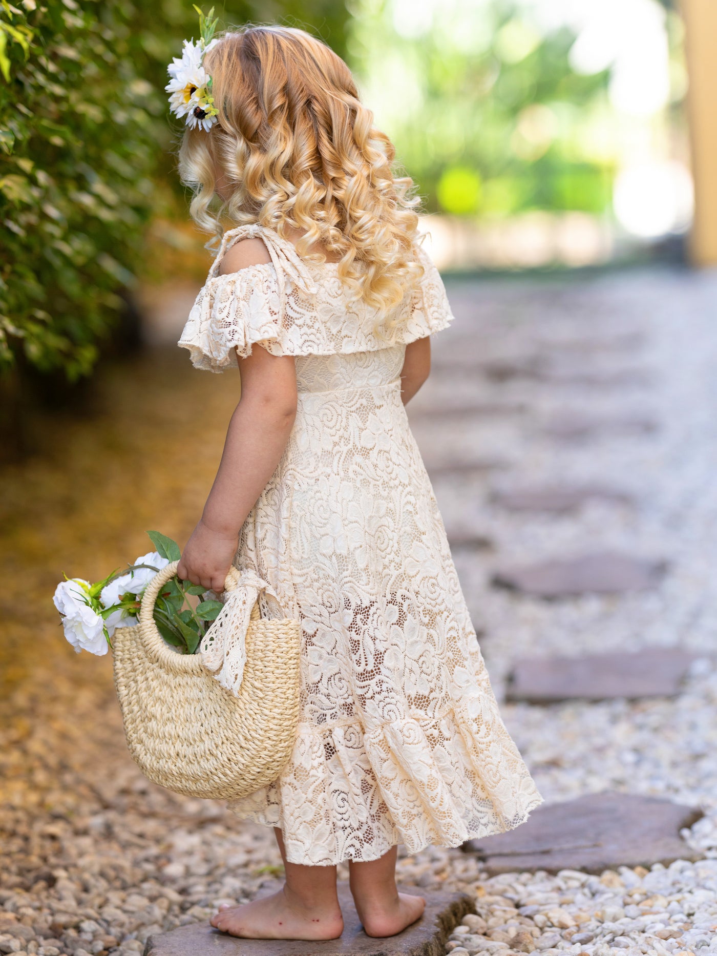 Toddler Spring Dress | Girls Neutral Cold Shoulder Maxi Lace Sundress