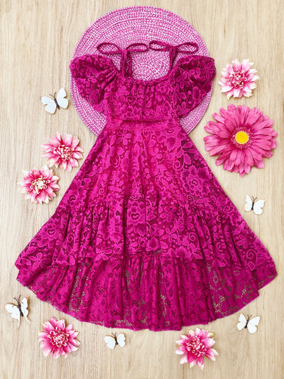 Toddler Spring Dress | Girls Hot Pink Cold Shoulder Maxi Lace Sundress