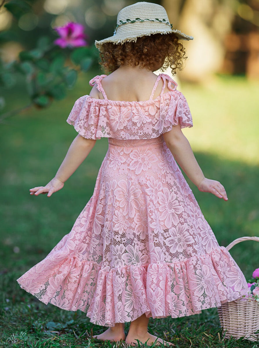 Toddler Spring Dress | Girls Pink Cold Shoulder Maxi Lace Sundress