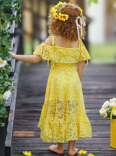 Toddler Spring Dress | Girls Yellow Cold Shoulder Maxi Lace Sundress