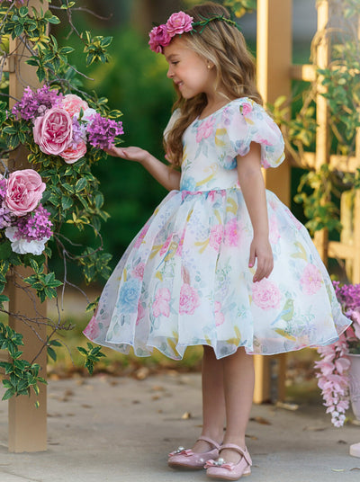 Spring Flower Girl Dresses | Puff Sleeve Floral Pleated Party Dress