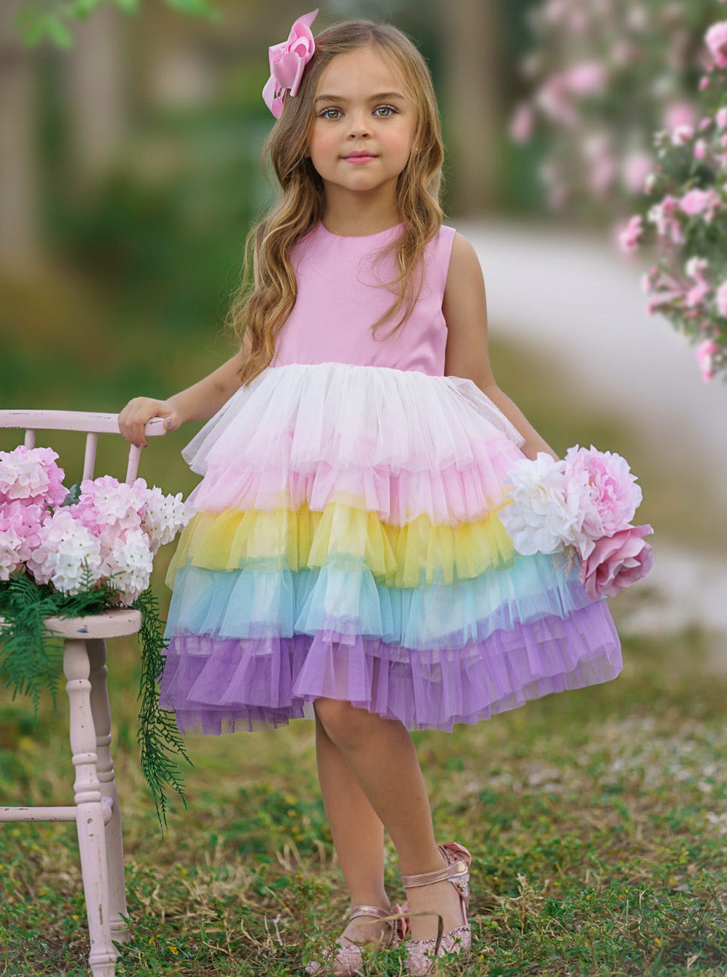 Girls Formal Dresses | Sleeveless Sheer Back Rainbow Tiered Tutu Dress