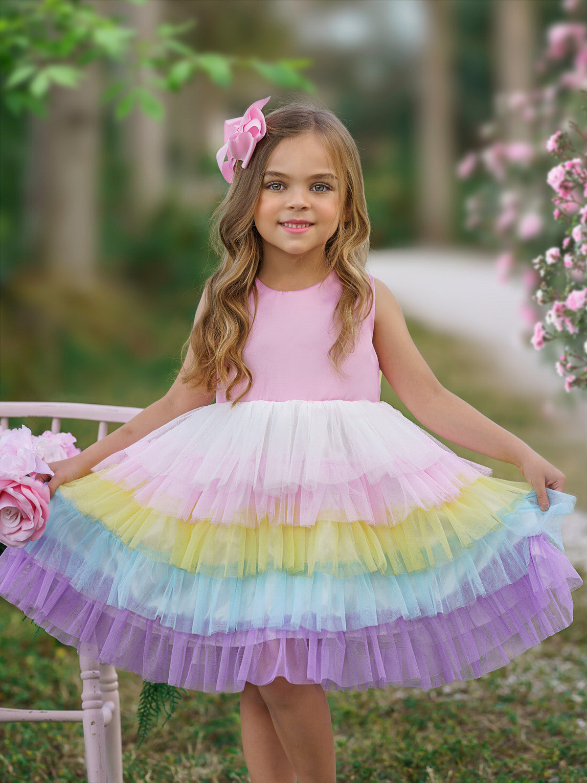 Girls Formal Dresses | Sleeveless Sheer Back Rainbow Tiered Tutu Dress