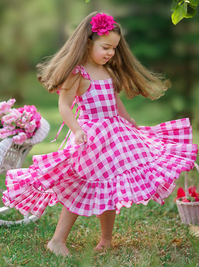Girls Spring Dresses | Pink Plaid Hi Lo Ruffle Dress | Mia Belle Girls