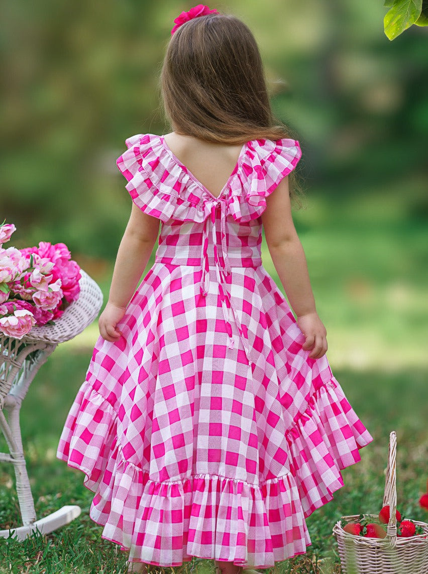 Girls Spring Dresses | Pink Plaid Hi Lo Ruffle Dress | Mia Belle Girls