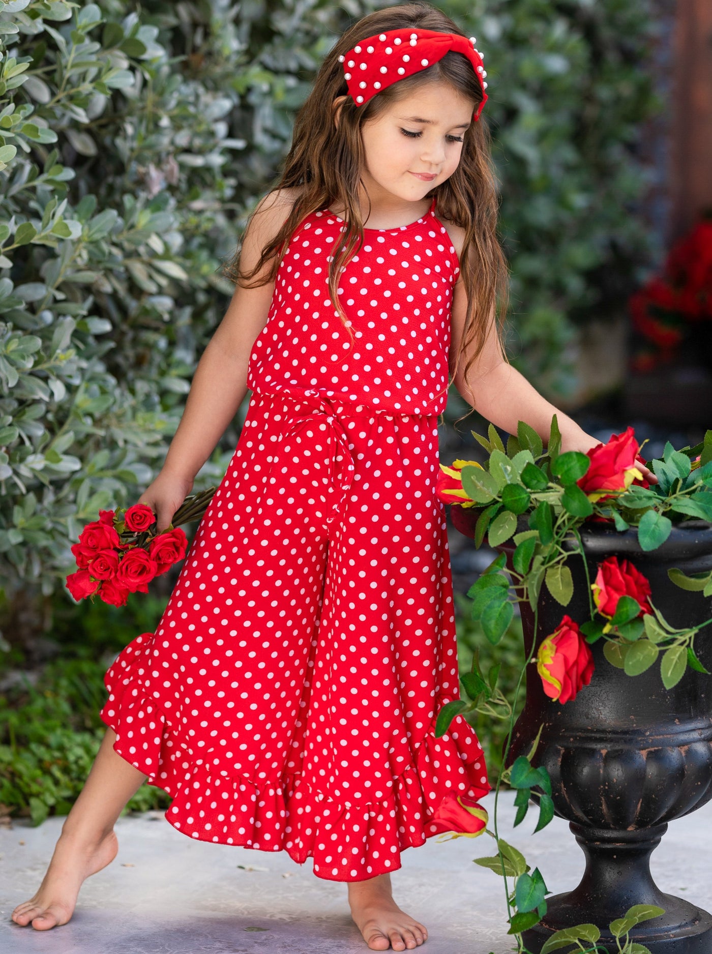 Little Girls Jumpsuits | Red Polka Dot Halter Ruffle Hem Jumpsuit