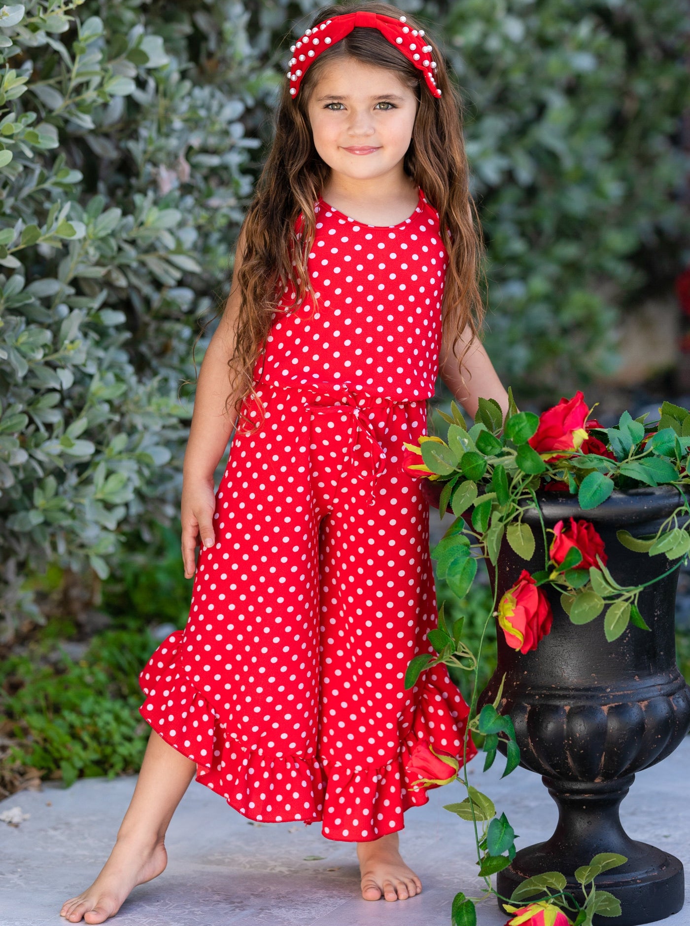 Little Girls Jumpsuits | Red Polka Dot Halter Ruffle Hem Jumpsuit