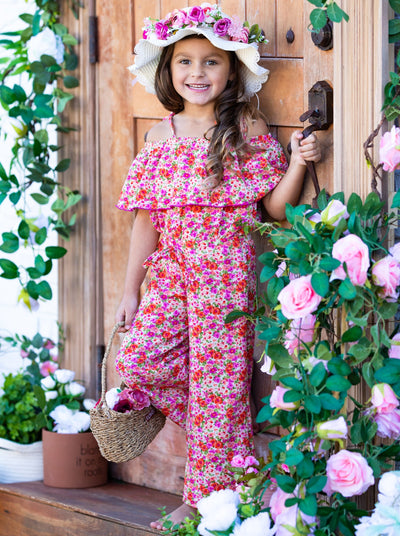 Spring Toddler Outfit | Girls Calico Flower Cold Shoulder Jumpsuit