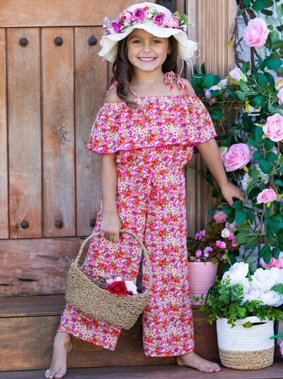 Spring Toddler Outfit | Girls Calico Flower Cold Shoulder Jumpsuit