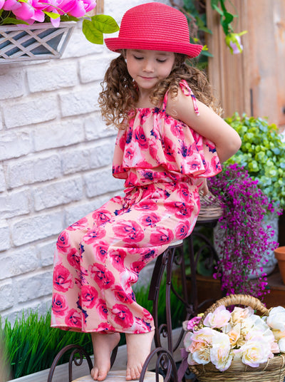 Spring Toddler Outfit | Girls Floral Cold Shoulder Ruffle Bib Jumpsuit