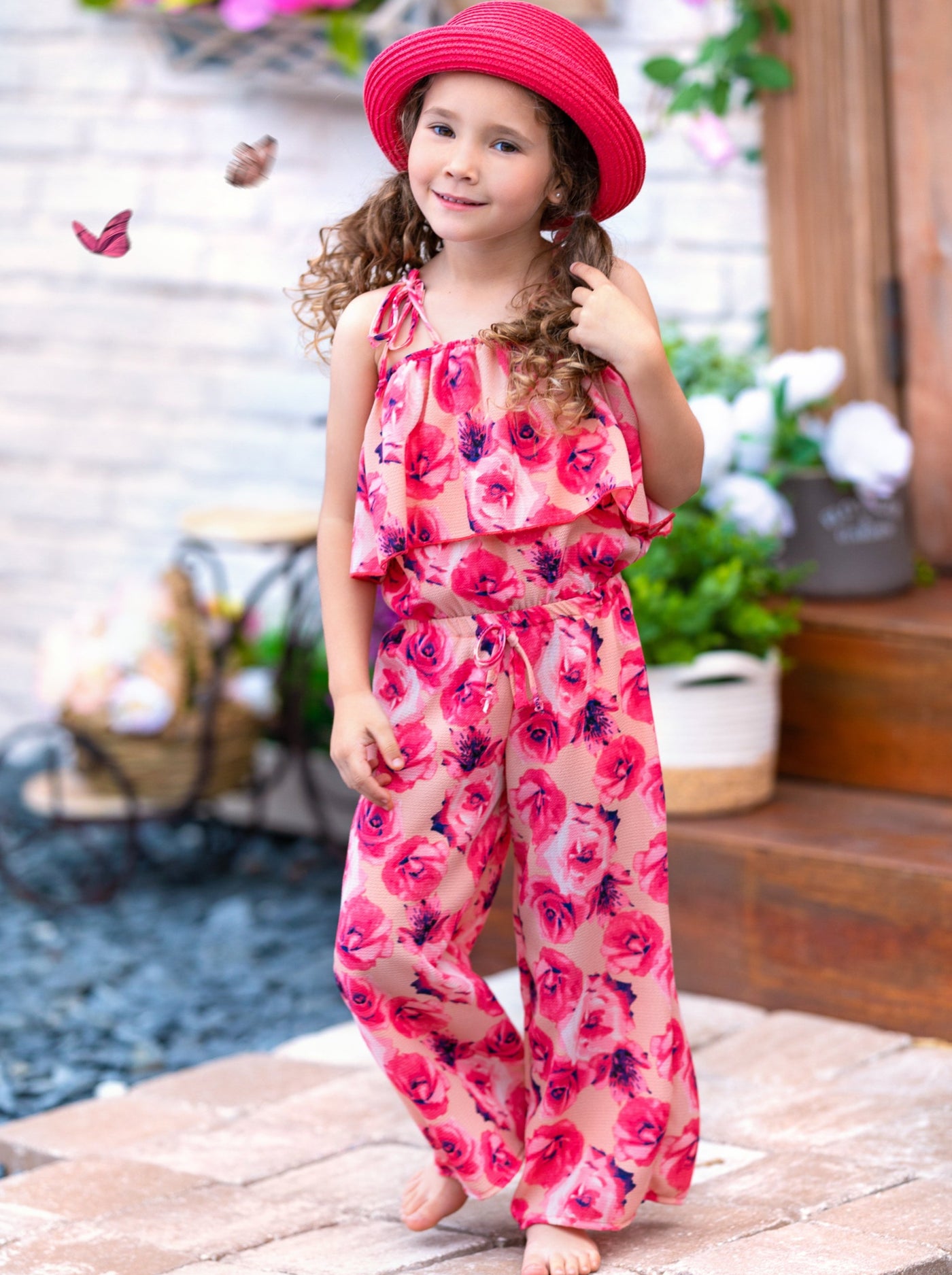Spring Toddler Outfit | Girls Floral Cold Shoulder Ruffle Bib Jumpsuit
