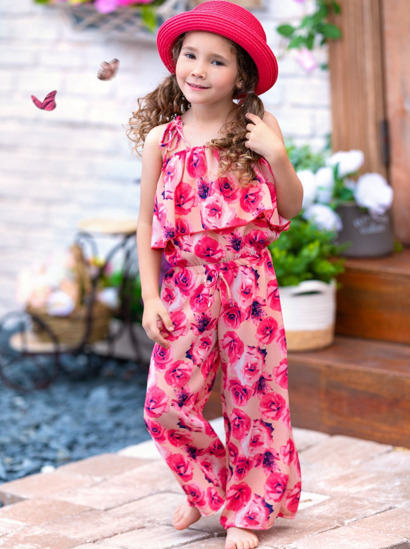 Spring Toddler Outfit | Girls Floral Cold Shoulder Ruffle Bib Jumpsuit ...