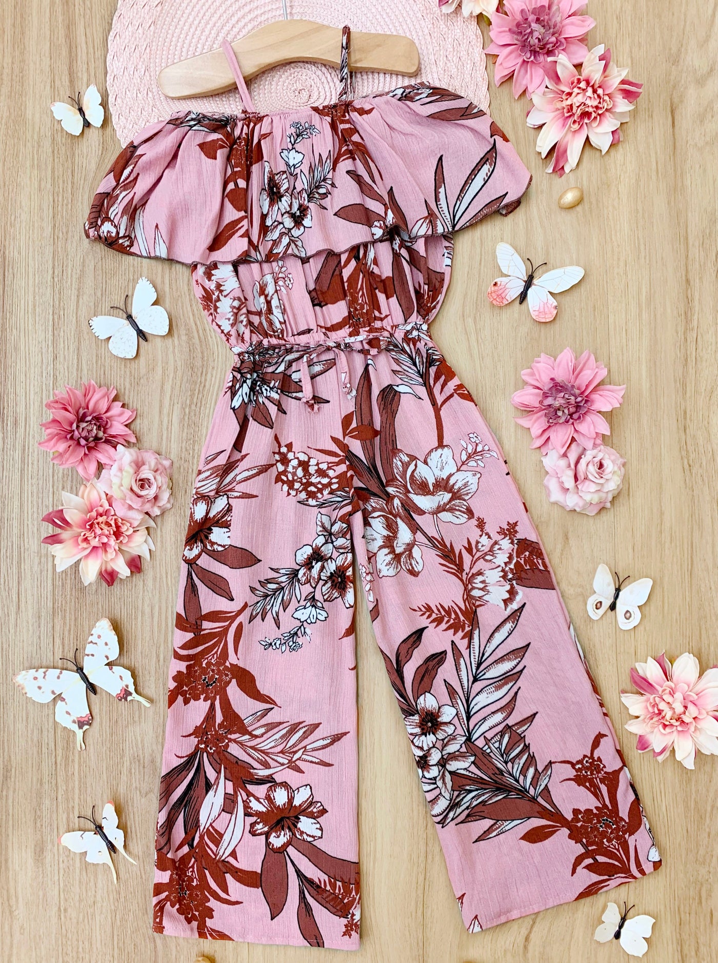 Girls Pink Tropical Print Cold Shoulder Jumpsuit | Mia Belle Girls