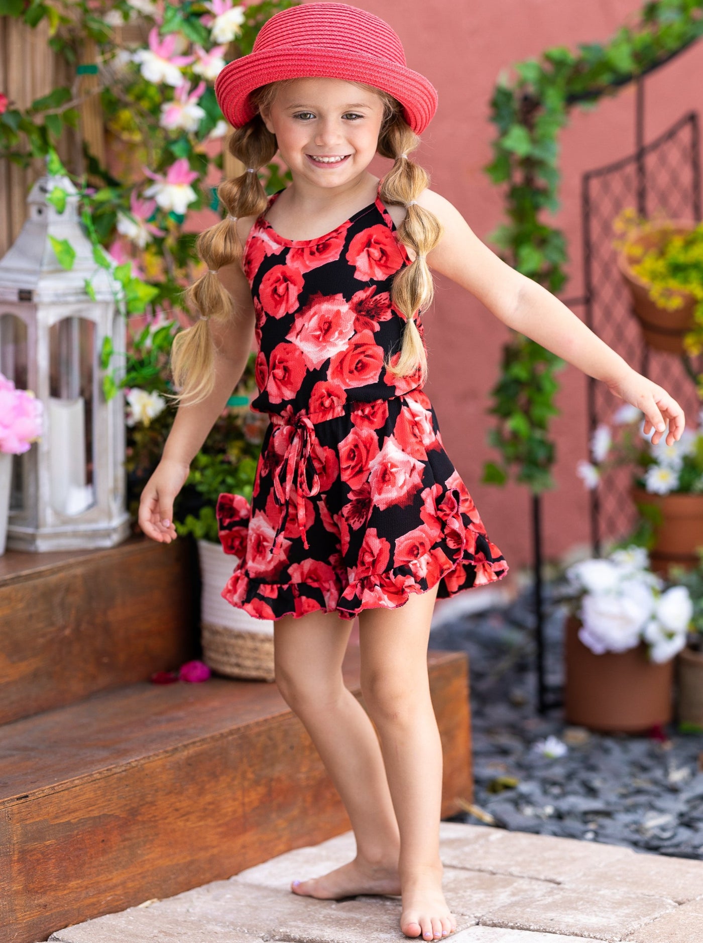 Cute Toddler Outfit | Little Girls Racerback Rose Ruffle Hem Romper