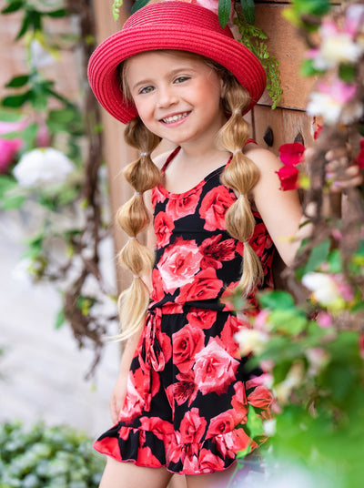 Cute Toddler Outfit | Little Girls Racerback Rose Ruffle Hem Romper