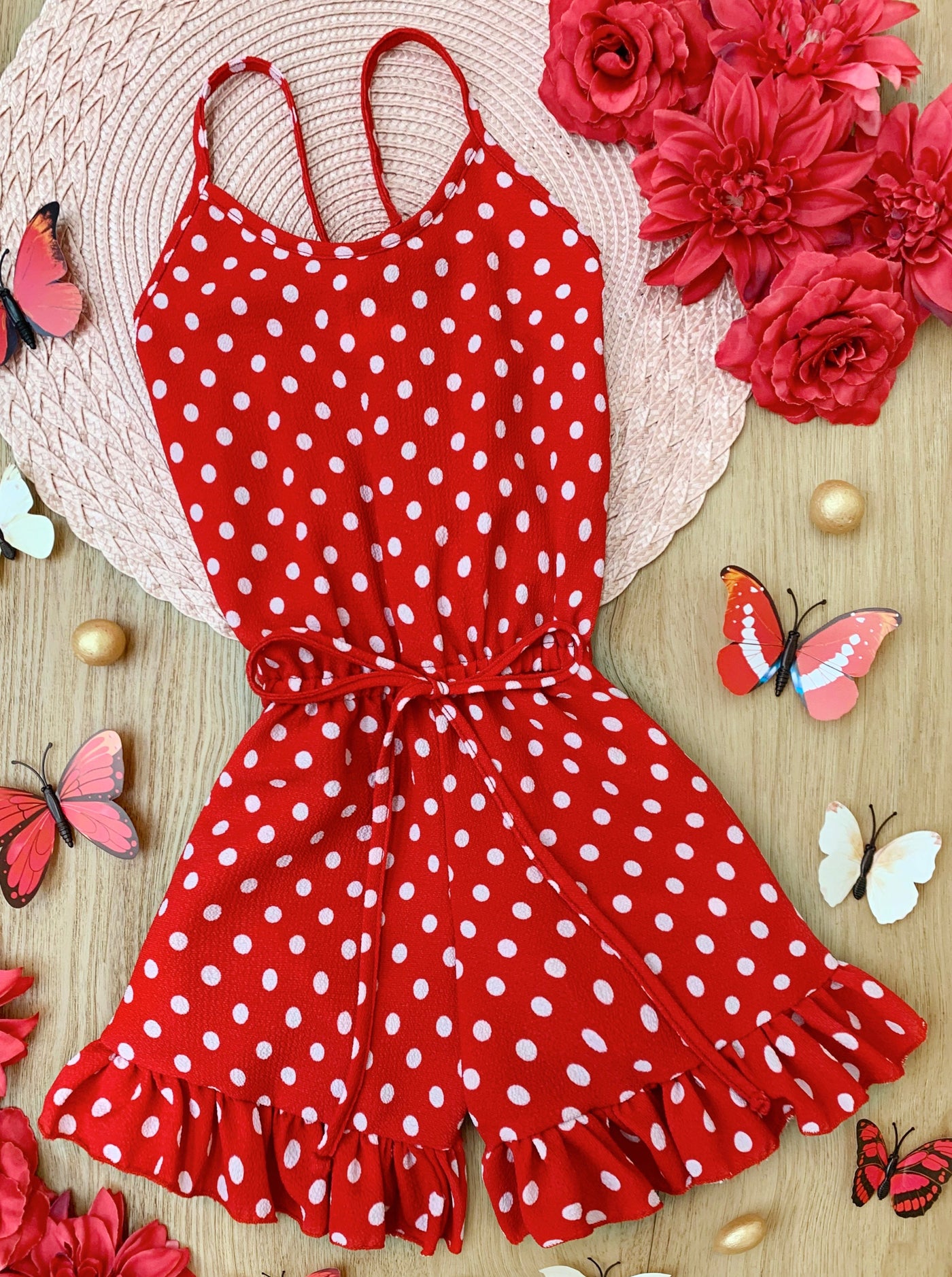 Girls Spring Outfits | Polka Dot Halter Drawstring Ruffle Hem Romper