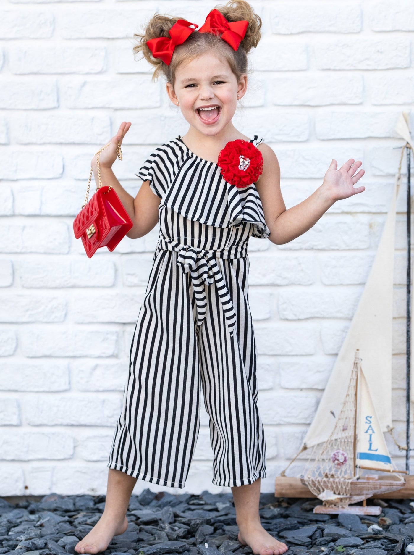 Kids Spring Clothes | Girls Striped One Shoulder Sling Ruffle Jumpsuit