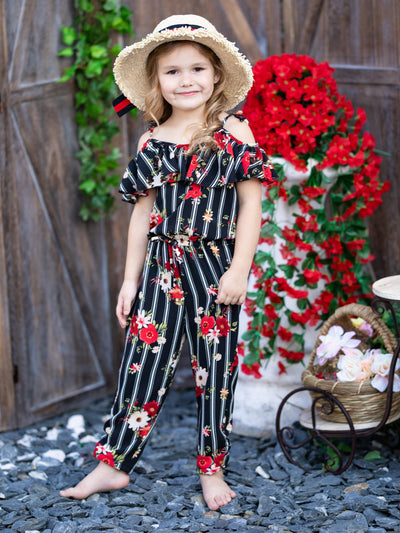 Cute Spring Toddler Outfit | Girls Floral Striped Drawstring Jumpsuit