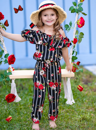 Cute Spring Toddler Outfit | Girls Floral Striped Drawstring Jumpsuit