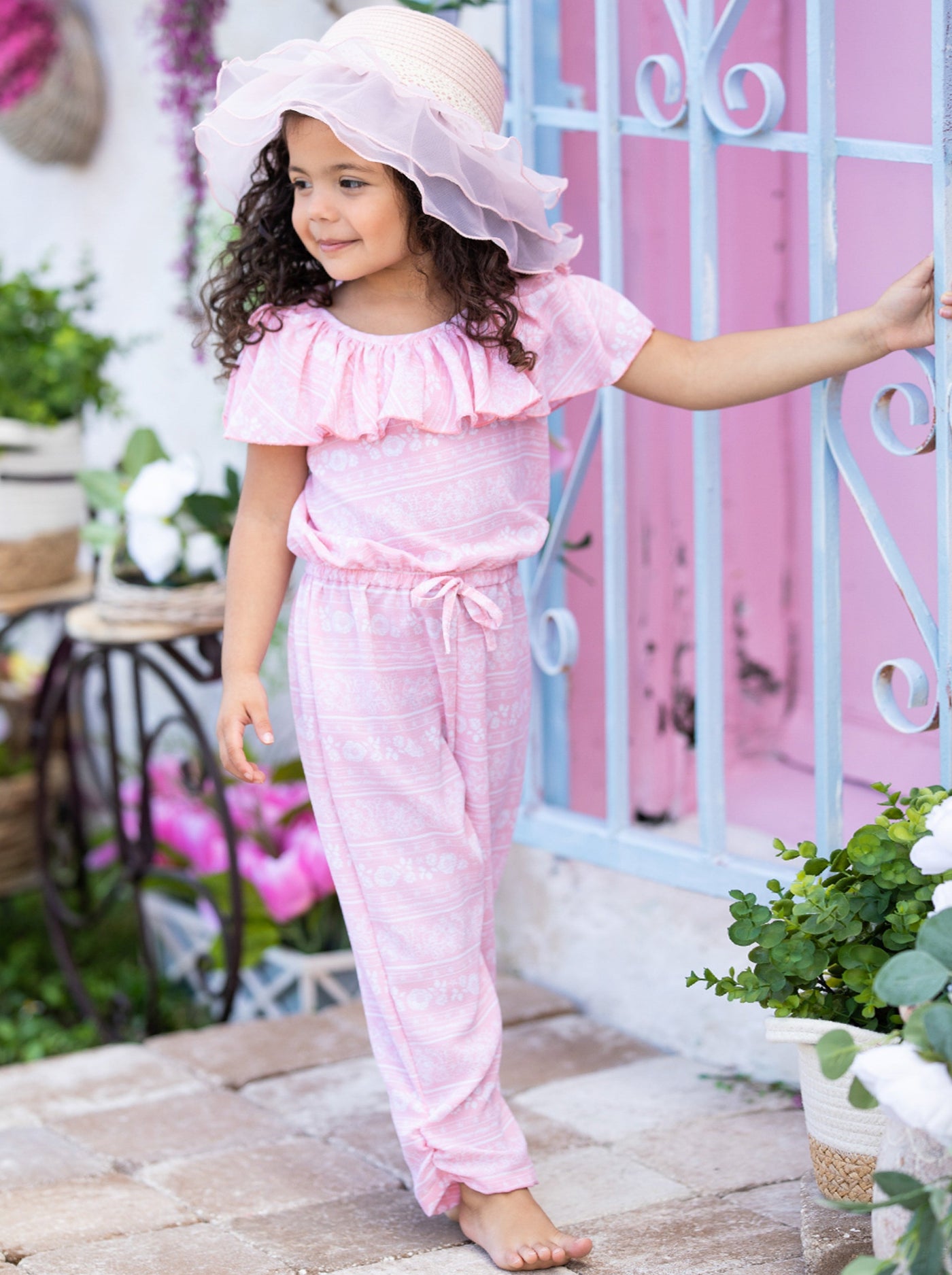 Kids Spring Clothes | Little Girls Calico Floral Ruffle Bib Jumpsuit