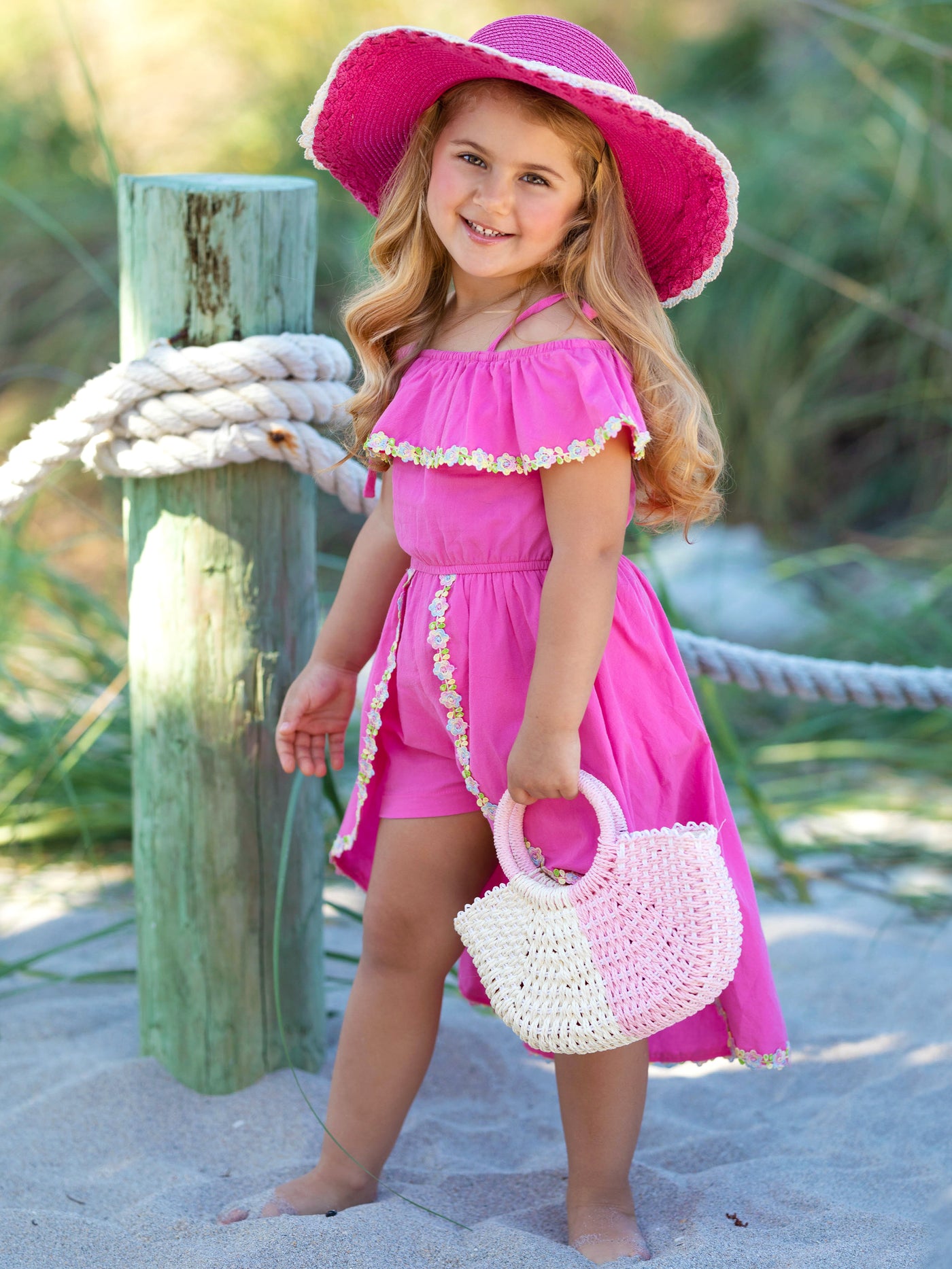 Toddler Spring Outfits | Girls Pink Floral Hem Hi-Lo Skirted Romper