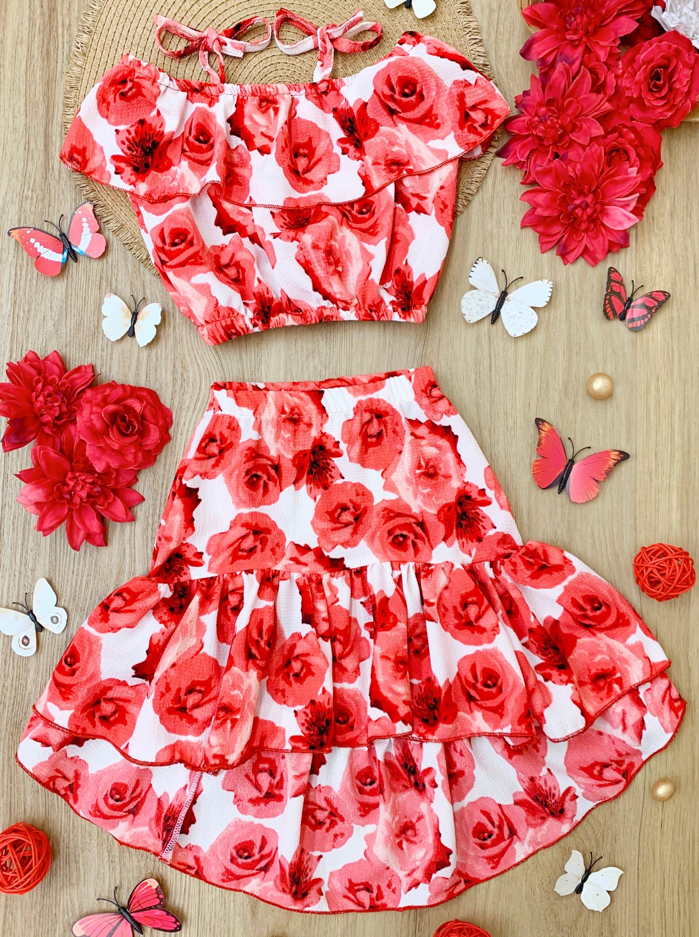 Mia Belle Girls Roses Ruffle Top & Hi-Lo Skirt Set | Resort Wear 