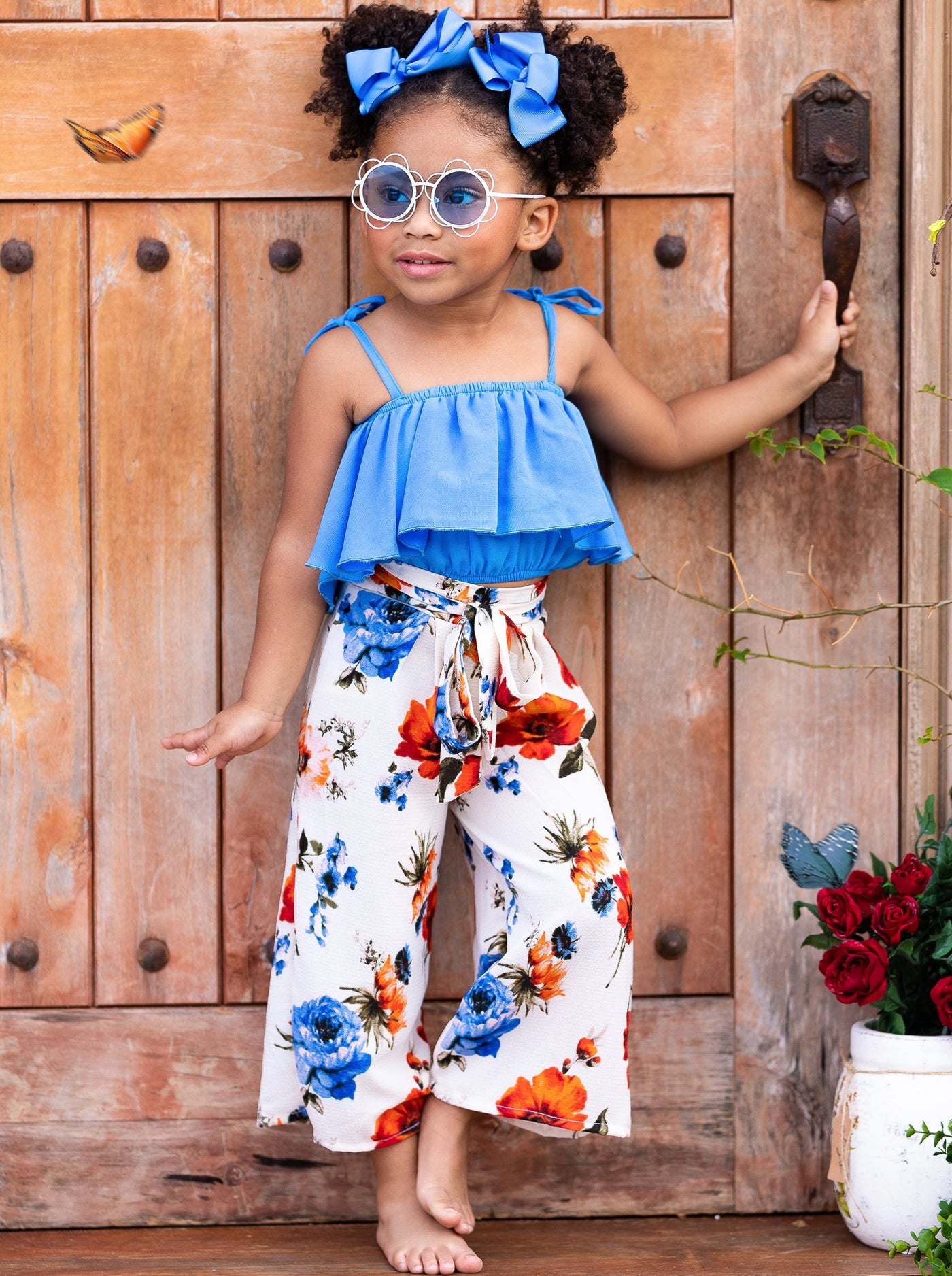 Kids Spring Clothes  Girls Ruffle Ruched Top & Floral Pants Set