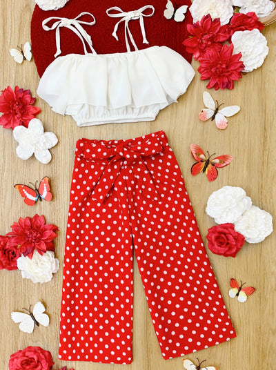 Toddler Spring Outfits | Girls Ruffle Crop Top & Polka Dot Pants Set 