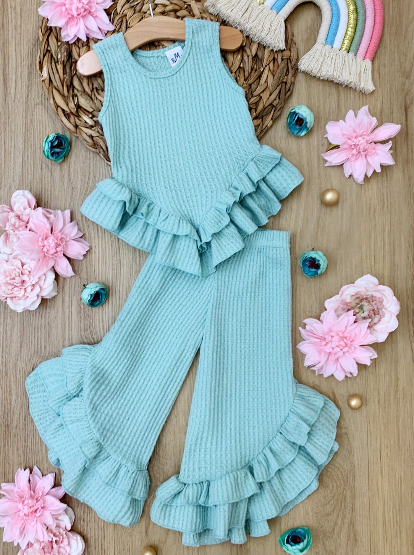 Cute Spring Outfit | Girls Pastel Ruffle Hem Top & Wide Leg Pants Set 