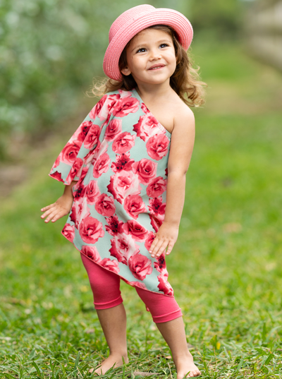 Kids Spring Clothes | Girls Rose Print One Sleeve Tunic & Legging Set
