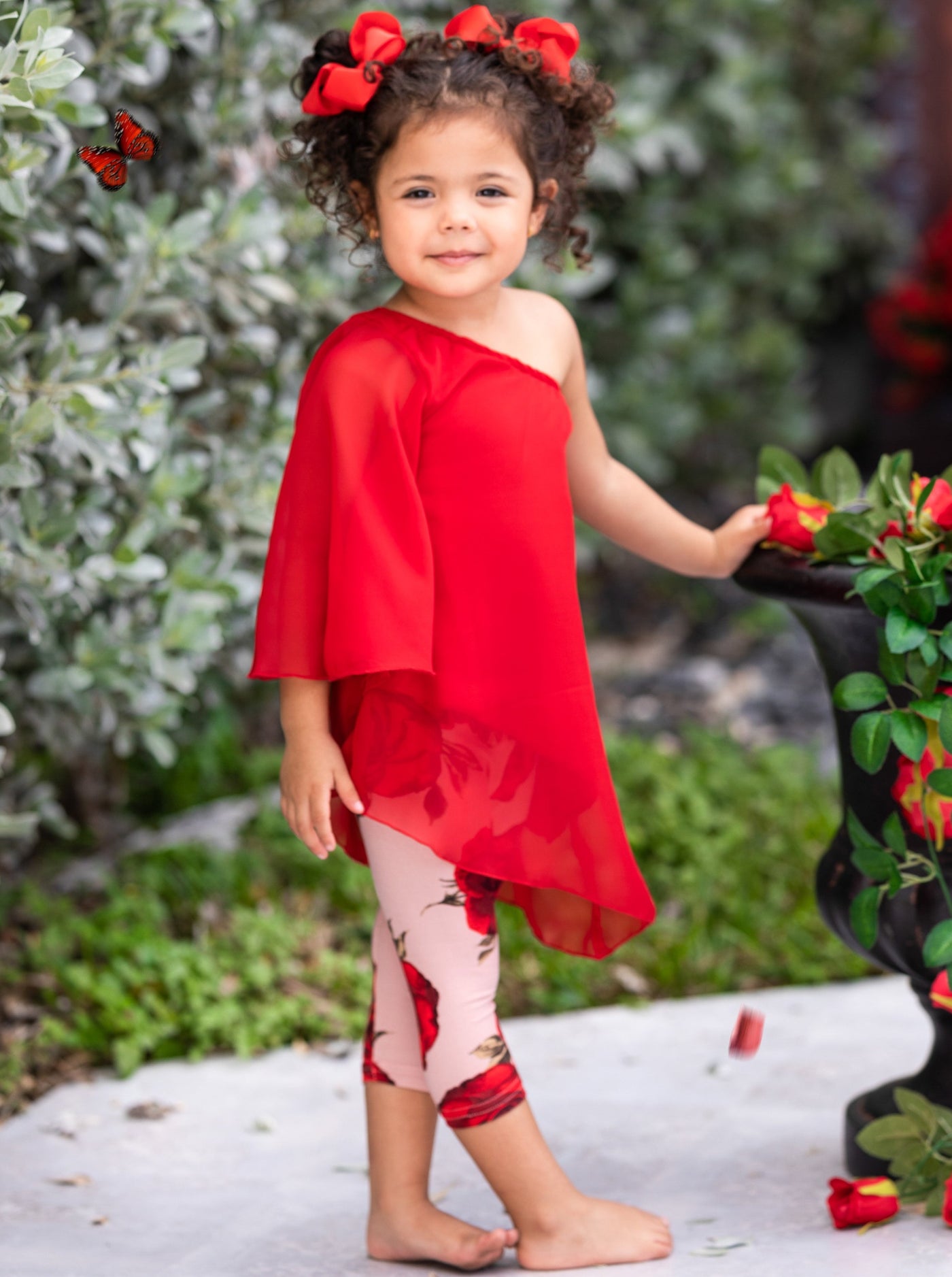 Toddler Spring Outfits | Girls Red One Sleeve Tunic & Rose Legging Set