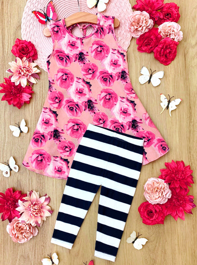 Kids Spring Clothes | Girls Sleeveless Rose Tunic & Stripe Legging Set