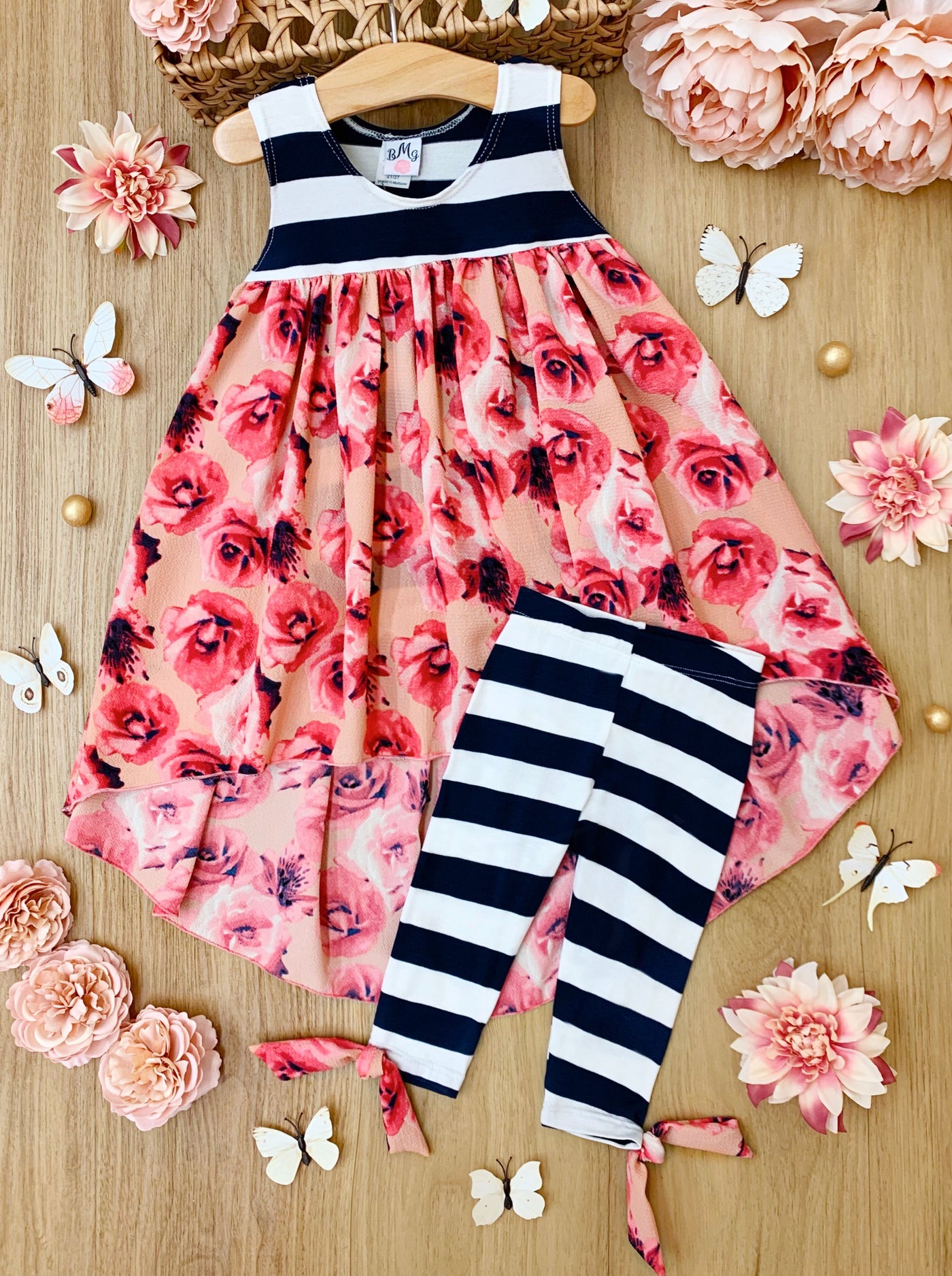Cute Toddler Outfit | Girls Striped Roses Hi-Lo Tunic & Legging Set