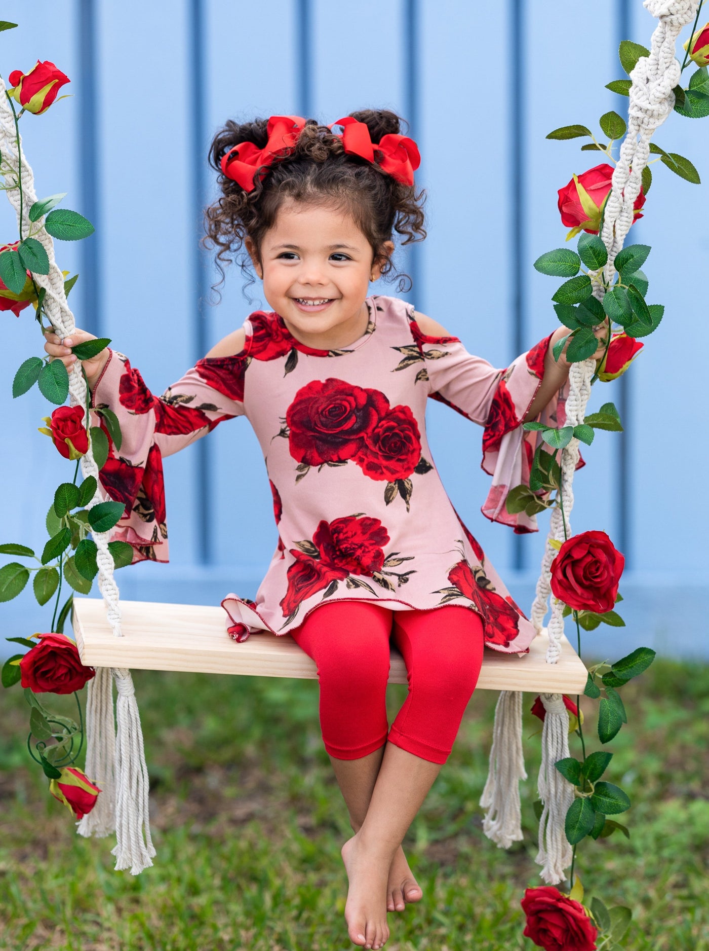 Girls Coming Up Roses Cold Shoulder Bell Sleeve Tunic and Leggings Set