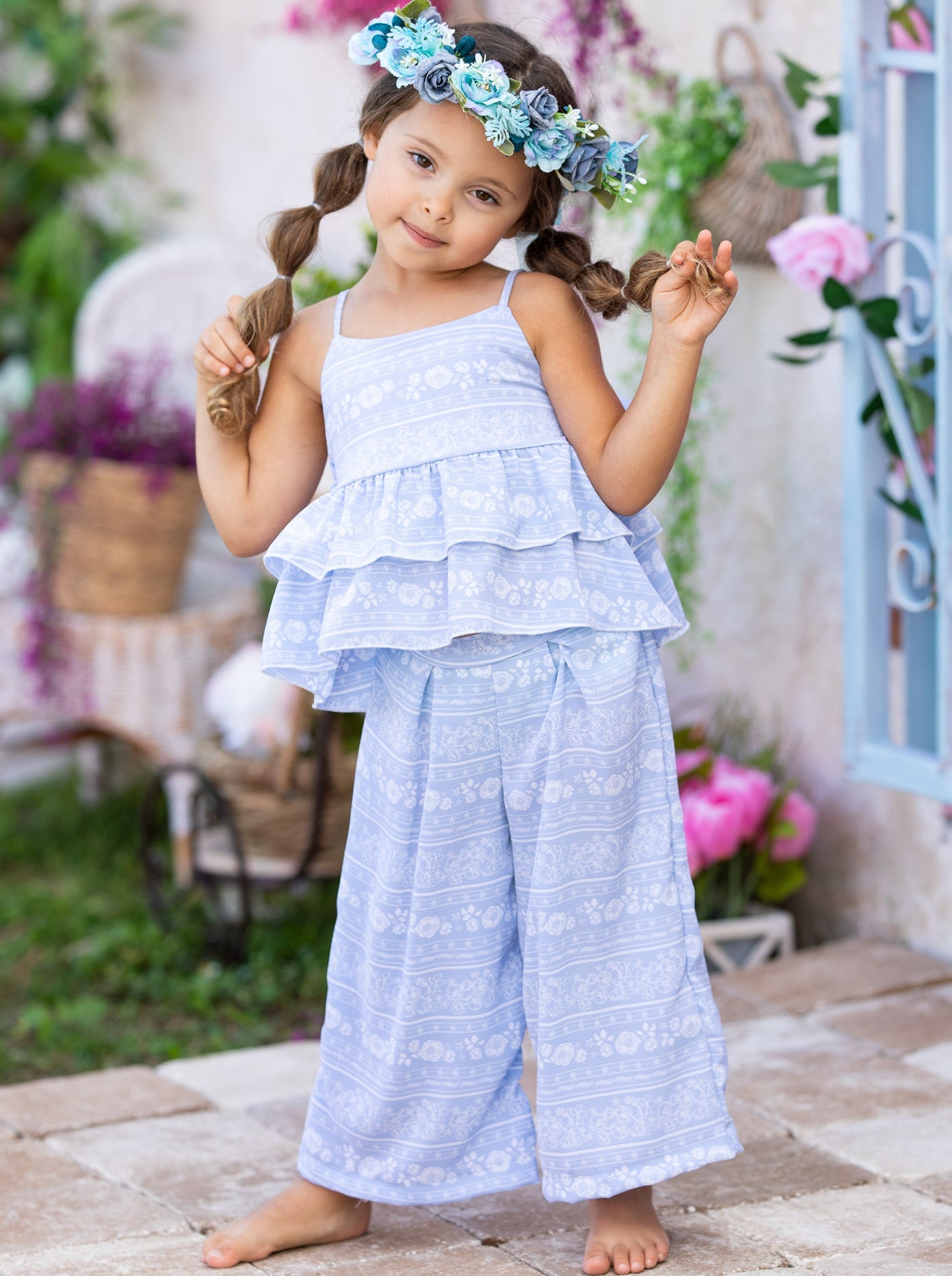 Cute Kids Outfit | Girls Spring Floral Tiered Ruffle Top & Pants Set