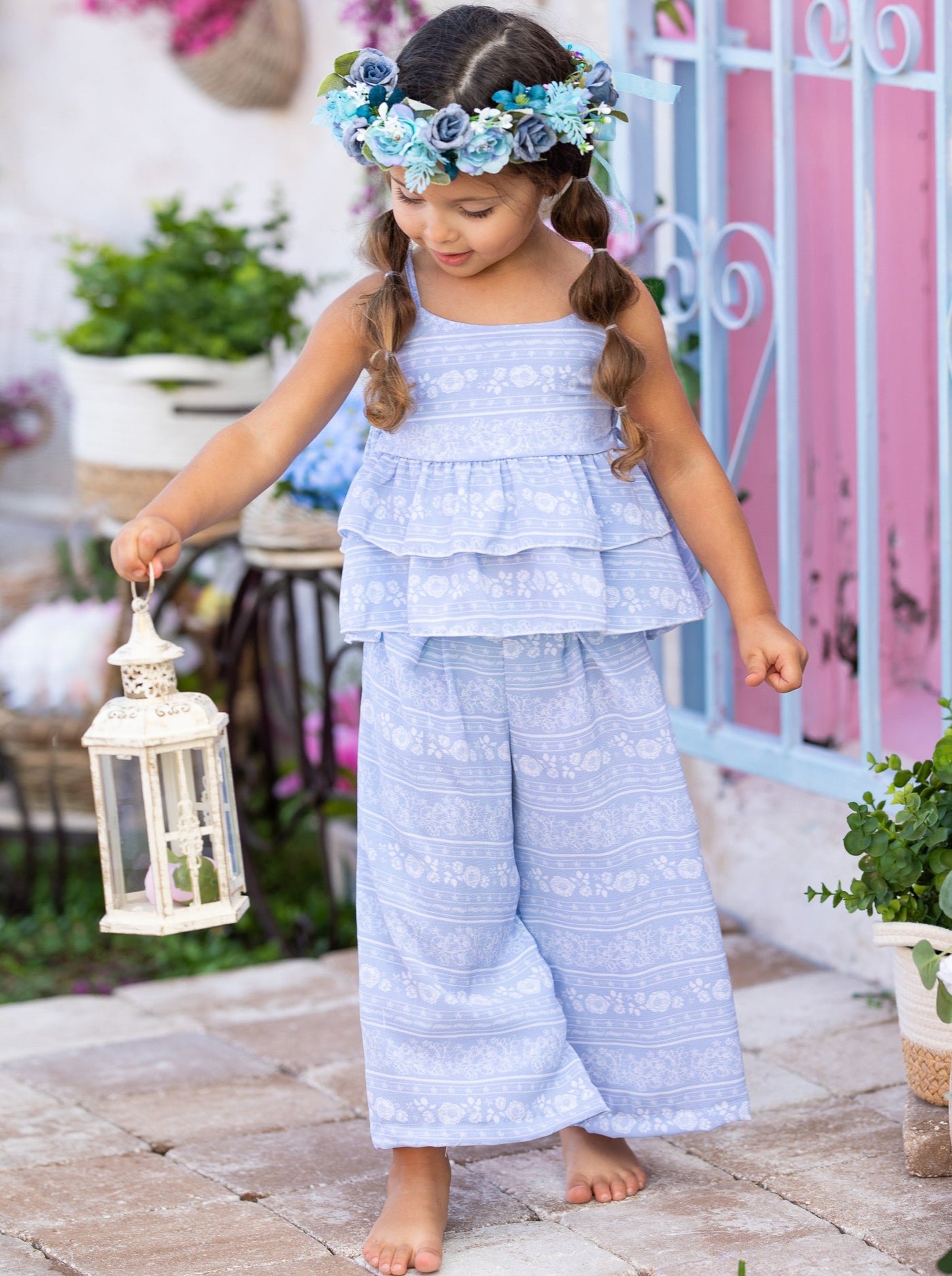 Cute Kids Outfit   Girls Spring Floral Tiered Ruffle Top & Pants