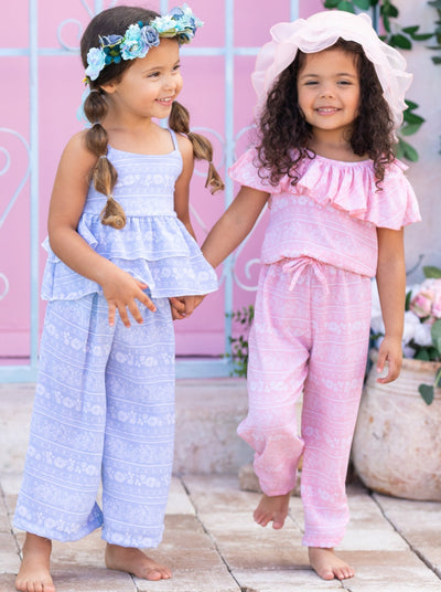 Cute Kids Outfit | Girls Spring Floral Tiered Ruffle Top & Pants Set