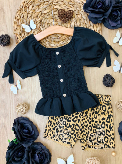Girls Spring Outfits | Black Smocked Top & Leopard Print Shorts Set