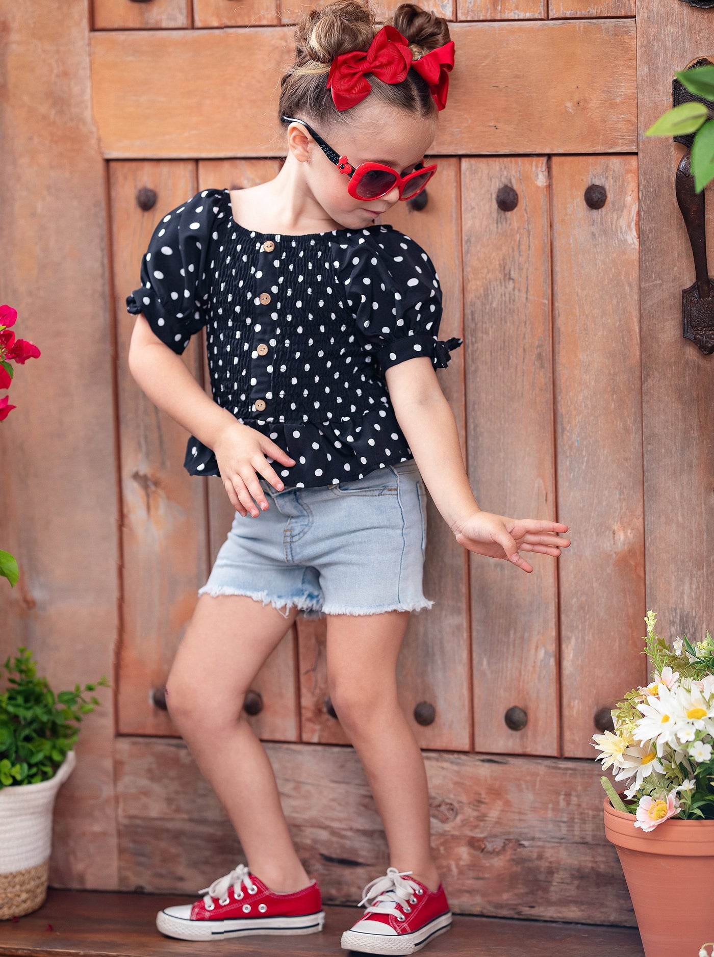 Girls Spring Clothes | Black Polka Dot Smock Top & Denim Shorts Set 