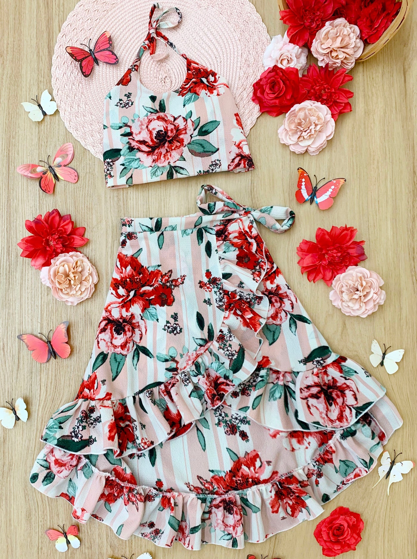 Kids Spring Clothes | Girls Floral Halter Top & Hi Lo Wrap Skirt Set