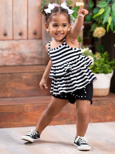 Cute Toddler Outfit | Girls Ruffle Tank Top & Fringed Denim Shorts Set