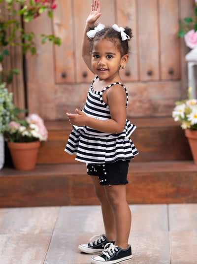 Cute Toddler Outfit | Girls Ruffle Tank Top & Fringed Denim Shorts Set