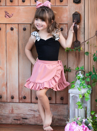 Kids Spring Outift | Girls Polka Dot Strap Top & Ruffle Wrap Skirt Set