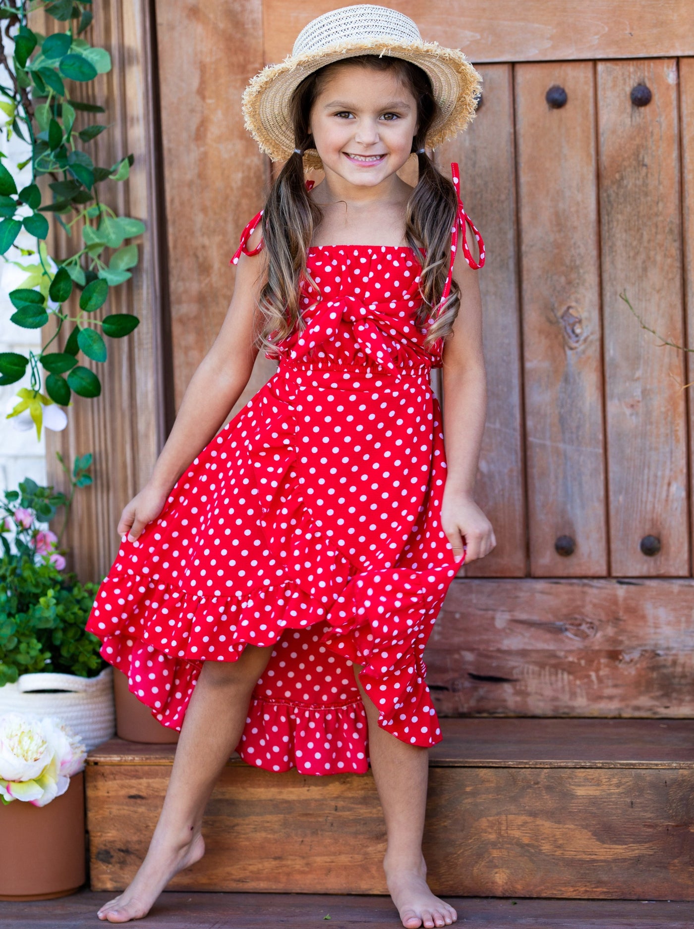 Girls Sweet Little Dot Bow Tie Crop Top and Hi Lo Wrap Skirt Set