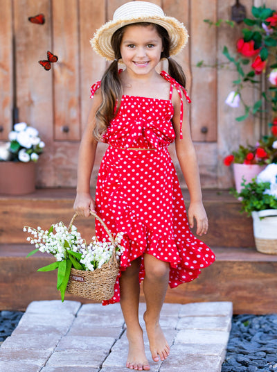 Girls Sweet Little Dot Bow Tie Crop Top and Hi Lo Wrap Skirt Set