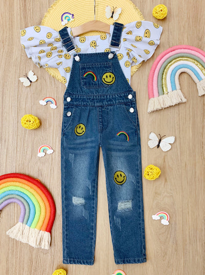 Toddler Casual Set | Girls Smiles & Rainbows Top & Denim Overall Set