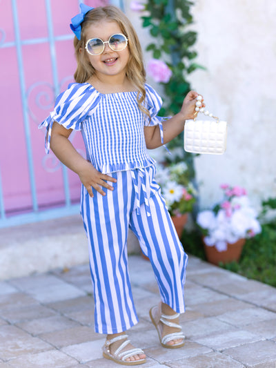 Toddler Spring Outfits | Girls Blue Stripe Puff Sleeve Top & Pants Set
