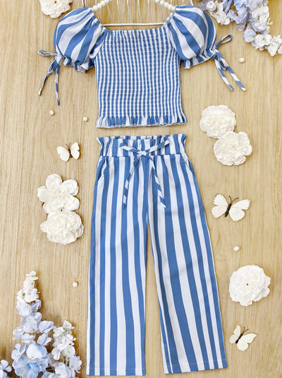 Toddler Spring Outfits | Girls Blue Stripe Puff Sleeve Top & Pants Set