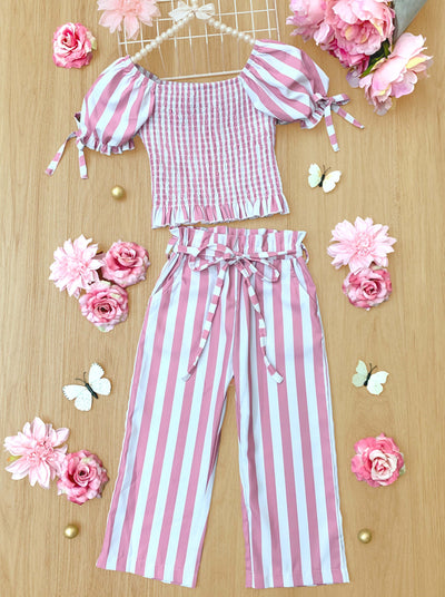 Toddler Spring Outfits | Girls Pink Stripe Puff Sleeve Top & Pants Set